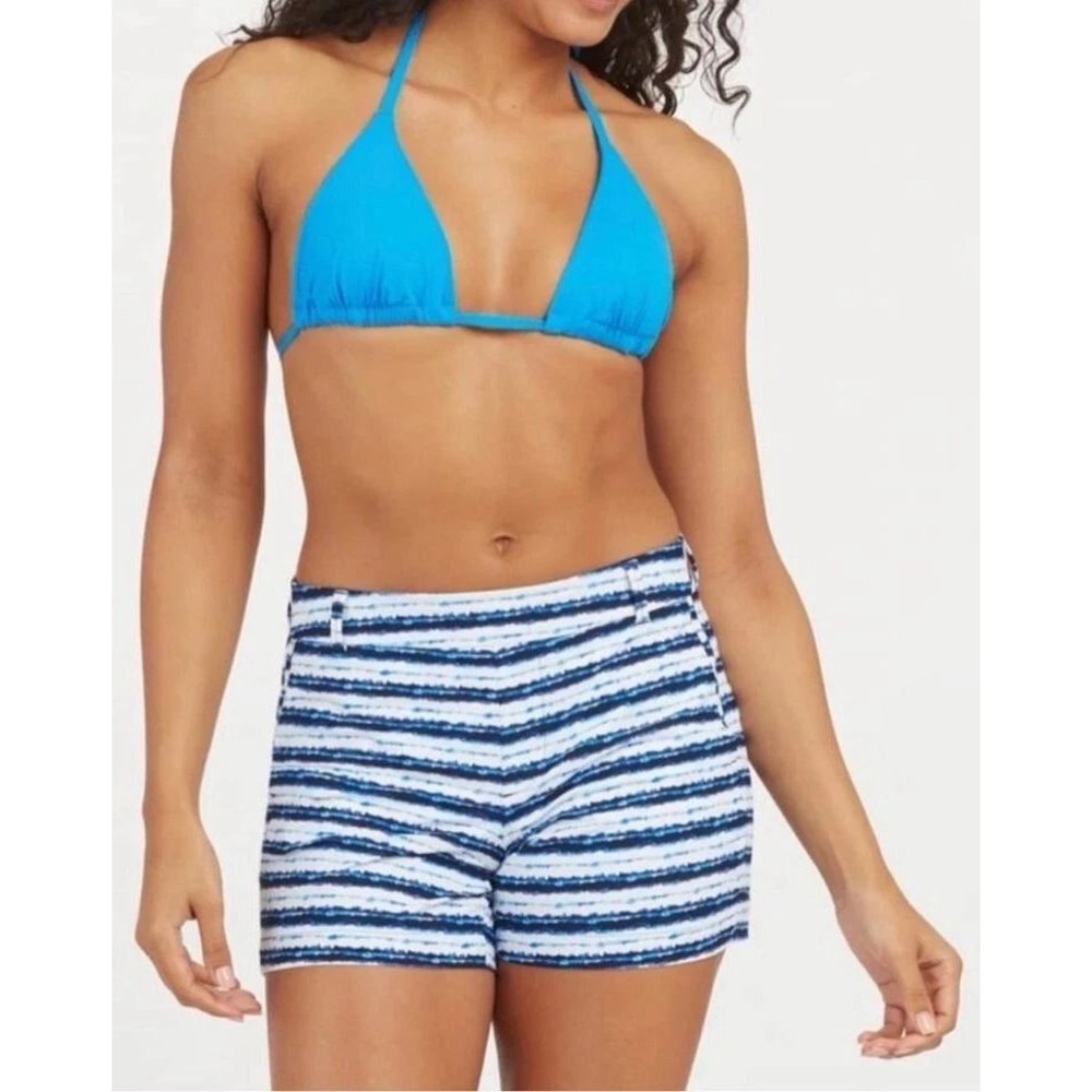 Spanx Sunshine Shorts Blue White Watercolor Stripe Stretch Casual